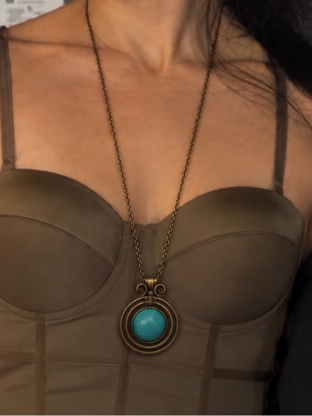 Turquoise Statement Pendant Necklace Antique Bronze Tone